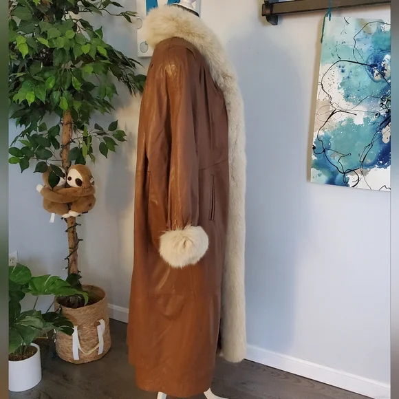 STAVROS Vtg Penny Lane Leather Coat Fox Fur Trim 80s - Picture 6 of 16